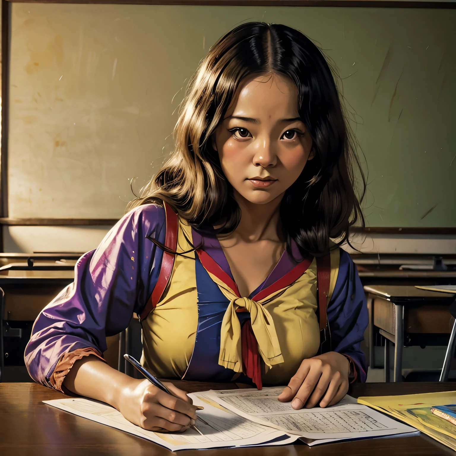 ((Japanese  girl in classroom, strict female teacher)), exotic, mysterious, vintage exploitation poster, magazine illustration, paper ripped and worn, stained, classic Crime and Horror, Gothic, Euro-Sleaze, Italian cinema, French avant-garde, Tarantino vibe, exploitation aesthetic, 50s, 60s, 70s, murder, suspense, lurid vivid colors, by Brian Bolland, by Basil Gogos, by Frazetta, by Mike Ploog, oil paint, dramatic, bold