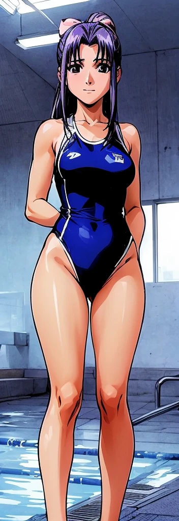 Momoko Koigakubo, who has beautiful legs, is standing by an indoor pool in a bright blue high-cut competitive swimsuit with the arena mark and lettering and white lines.。