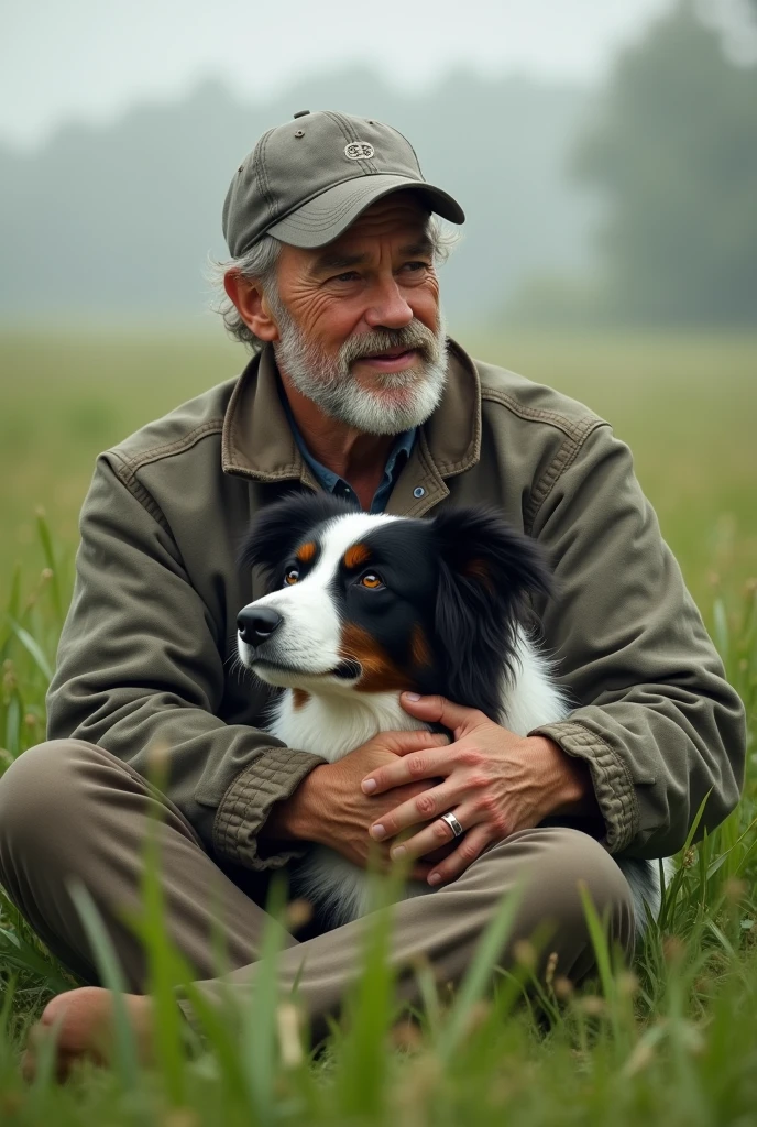 A man wearing a gray baseball cap sits on the grass and holds a border collie in his right hand