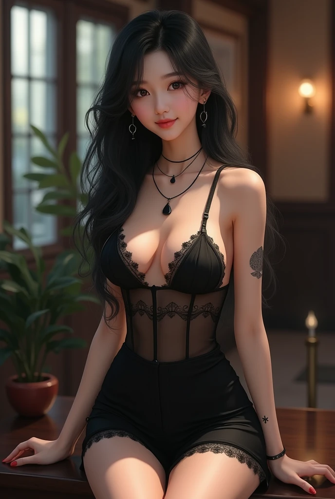Generate a beautiful Chinese female college student,Black long hair, fair skin, beautiful face, sexy figure, hot dress,Wearing a miniskirt and suspenders,Wear a black spade necklace and spade earrings,A delicate spade tattoo on the ankle of one foot and on the upper arm