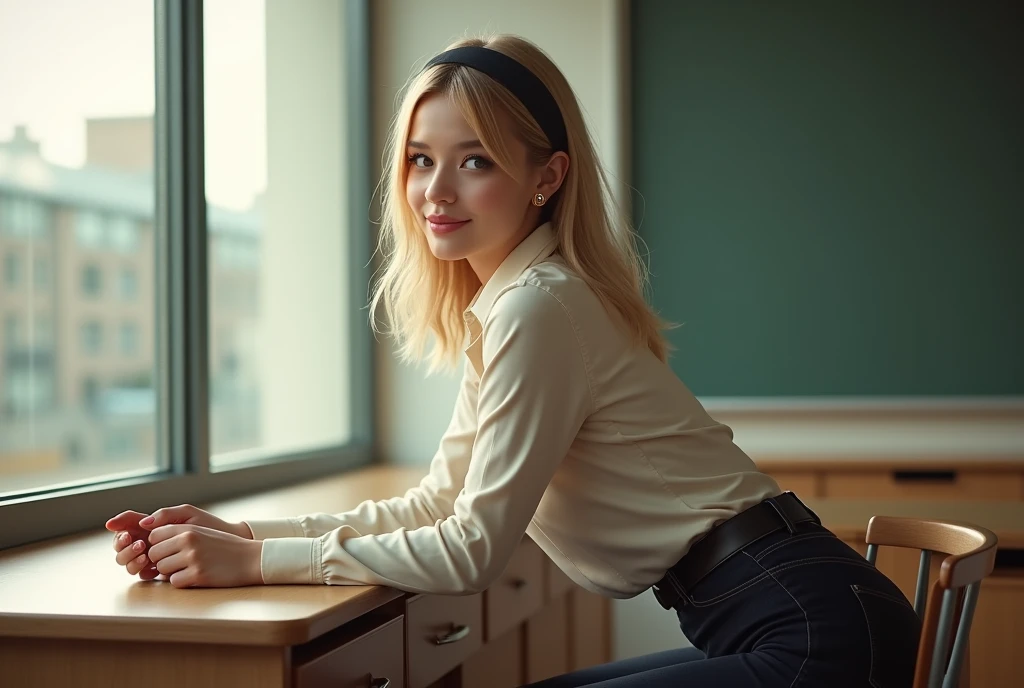 (girl, 25 years old, caucasian, bending over a desk while looking out window, smiling flirty, shoulder-length blonde hair, oily butt), Portrait, (zoom-out, side view), Masterpiece, high quality, high resolution, volumetric lighting, subsurface scattering, 8k, bright-lighting, Beautiful woman, college student, uniform, (long-sleeve), (perfect round butt), (big-breasts), headband, hoop earings, classroom, large windows, sexy pose, perfect eyes, perfect hands, perfect hair, masterpiece, anatomically correct, textured skin, high details, high quality, best quality, highres, 16k,