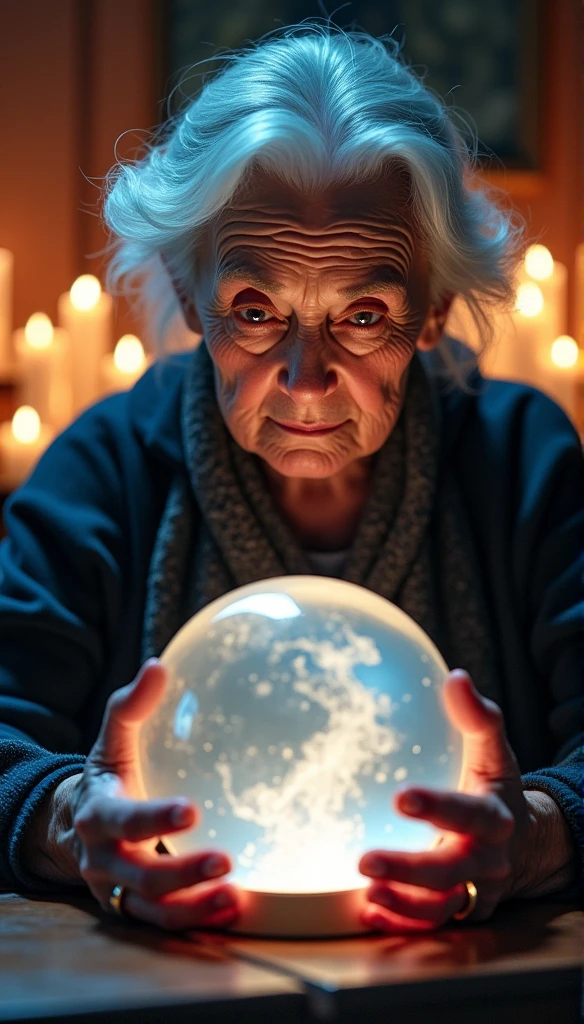 An elderly grandmother psychic uses a crystal ball to look into the future. The room ahead is bright and the facial features are clear and delicate. There are many candles in the background.