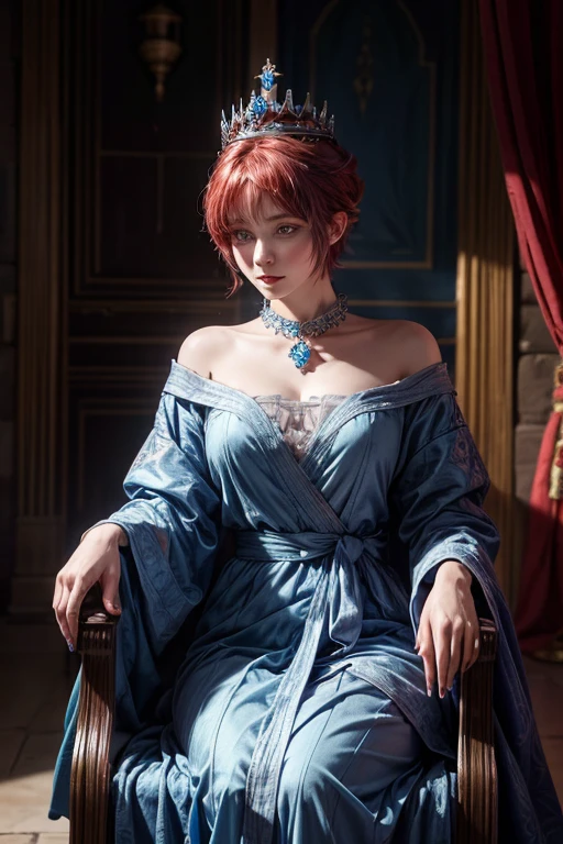 Arafed woman with a blue crown and robe, red-haired and graying medieval Queen, age 20 years, short hair, portrait of Emperess of humanity, highly detailed character, painted in high resolution.