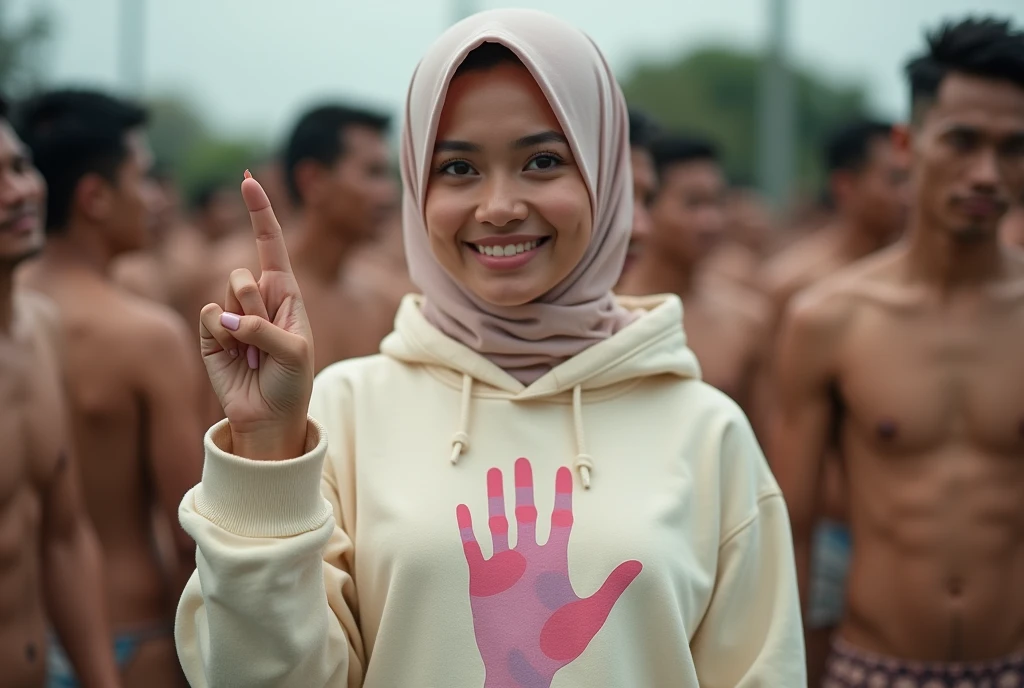 A hijaber indonesian pretty woman, wearing a cream hoodie with a strong vector design featuring a silhouetted image of a five-fingered palm in pastel colour with love and light. The phrase "ELENG LIMO WAKTU" is displayed in bold simple elegand, distressed typography with pastel colours, while holding her hoodie, wearing hijab, one-handed pose pointing upwards, in a public place, surrounded by many naked men, jav idol, with front shooting angle, very realistic, (complex detail: 0.9), (hdr, hyperdetail: 1.2), RAW, Sony Alpha a9 II, 24-105mm f/4, HDR,