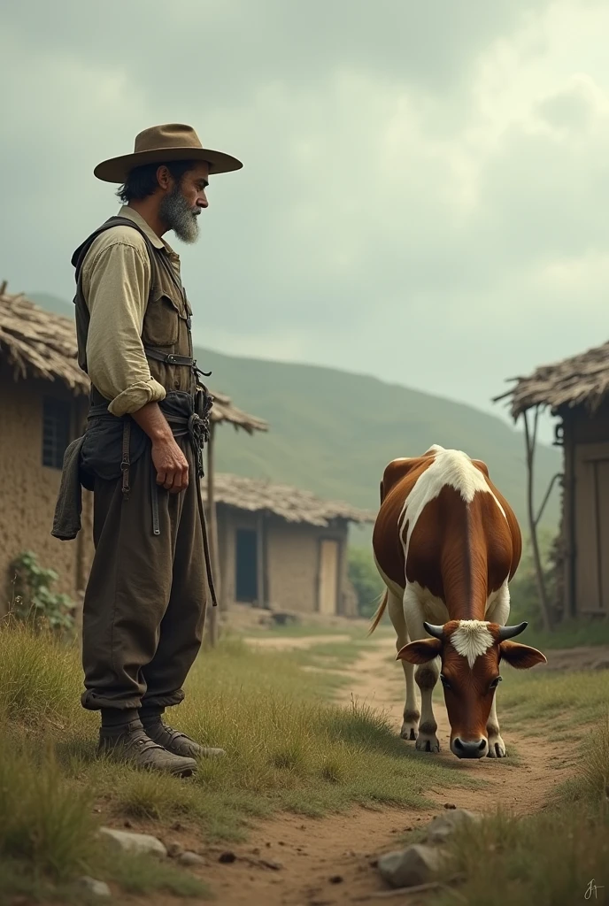 A 30 years poor farmer watching his cow happily