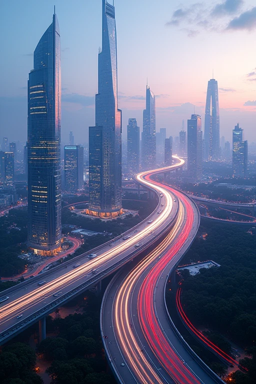 A big city with a cool and scenic view and a highway with sharp curves