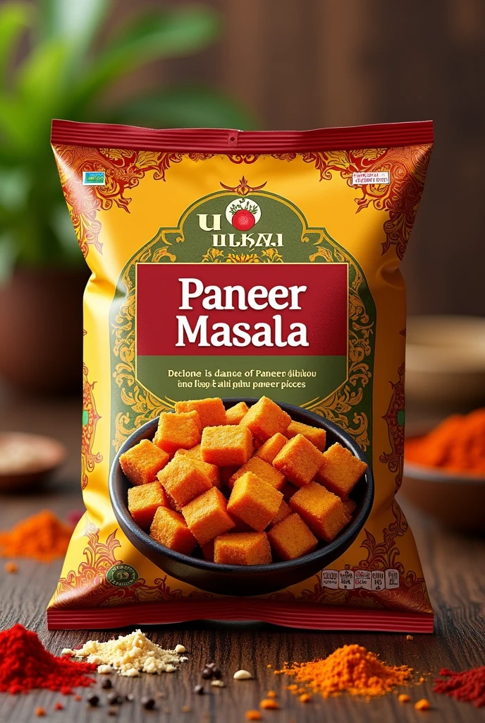 Make a packet design of brand name " Utkal Spices "and product name "Paneer Masala" with fried sahi Paneer Masala pieces as indian brand
no other languages text will uses