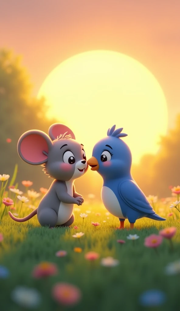 Cartoon anime 3D characters of The grey mouse, now free from the net, stands beside the blue bird with a grateful expression. They are back in the safety of the meadow, with the sun setting in the background, casting a warm glow over the scene. The blue bird is perched close by, looking proud of his efforts