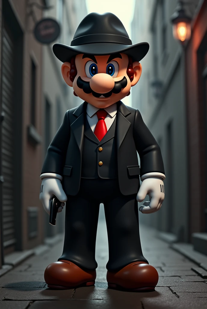 Mario Bross in a black suit and gangster hat