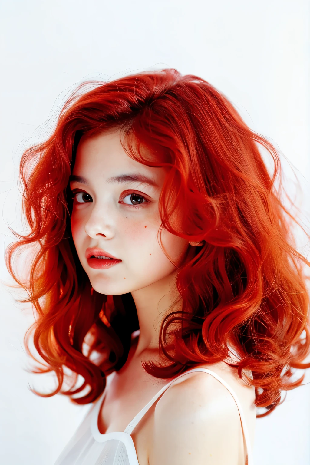 1girl,face,curly hair,red hair,white background,double exposure