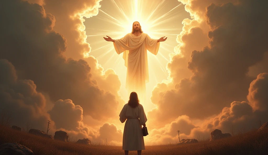 A Bible and in the background the apocalypse happening, He is in heaven, Jesus returns, very realistic