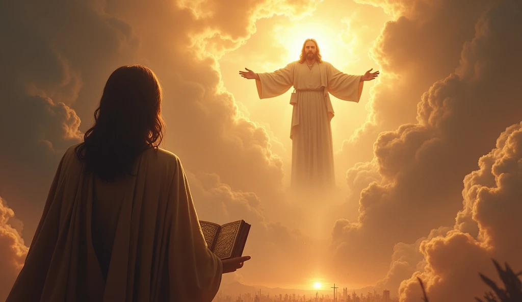 A Bible and in the background the apocalypse happening, He is in heaven, Jesus returns, very realistic