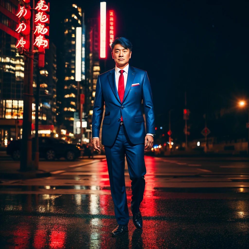 Asian man looking straight into the street at night, Modern glossy black leather suit with bright red and blue tie., Exaggerated colors, 8K images, Shot with a high quality camera with 45000000000 pixels.