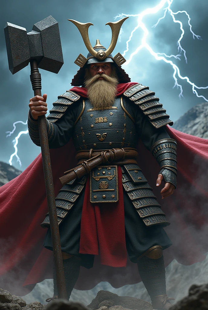 Man in samurai armor, blonde, beard, samurai helmet, hammer, red cape, lightning