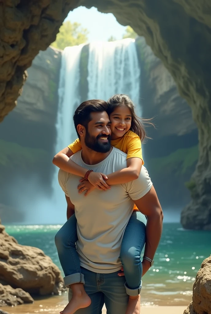 Indian 20 year old girl lifted by 35 year old indian handsome man on his back. Girls wears yellow tshirt and jeans and man wears white tshirt. They both are near the cave near the waterfall.