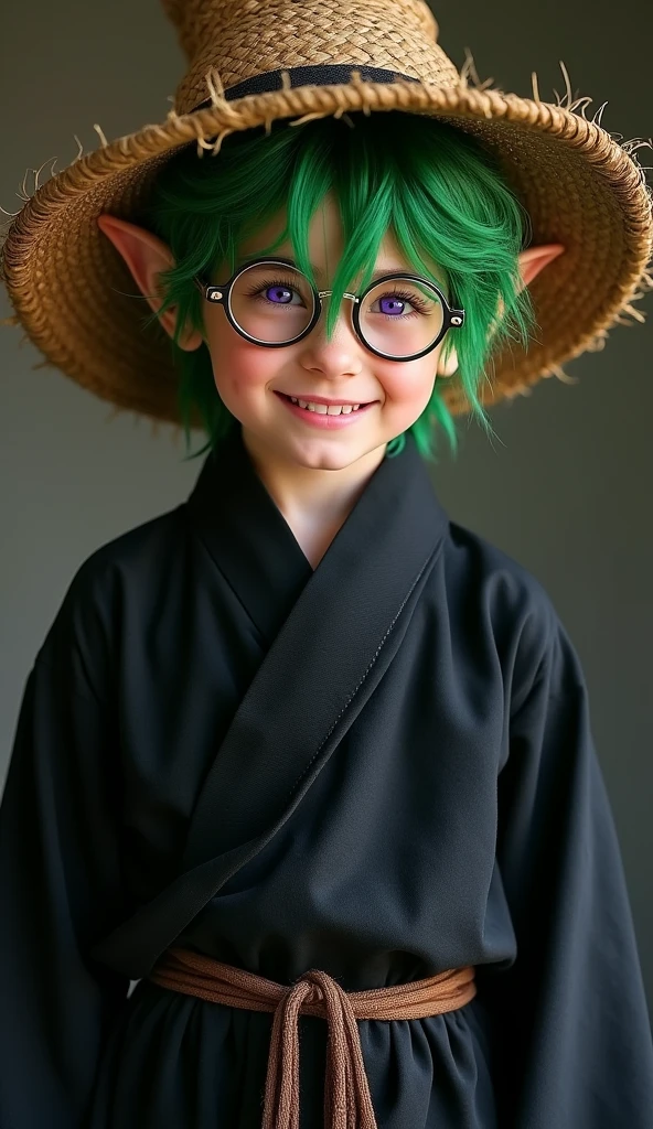 masterpiece,best quality,ultra detailed,4k,8k,(masterpiece:1.2) , (best quality:1.2) , (ultra-detailed:1.2),solo, a boy,long hair,  smile, bangs, long sleeves, 1boy, hat, hair between eyes, purple eyes, male focus, green hair, glasses, teeth, pointy ears, wide sleeves, grin, tassel, robe, round eyewear, straw hat, black robe, ((Shady)), ((shady)), ((suspicious)),black ethnic costume, long sleeves, wide sleeves, round glasses, (gold frame) glasses, straw hat,pants, elven ears, Hair between the eyes, ice green hair,(fangs) ,((messy hair))