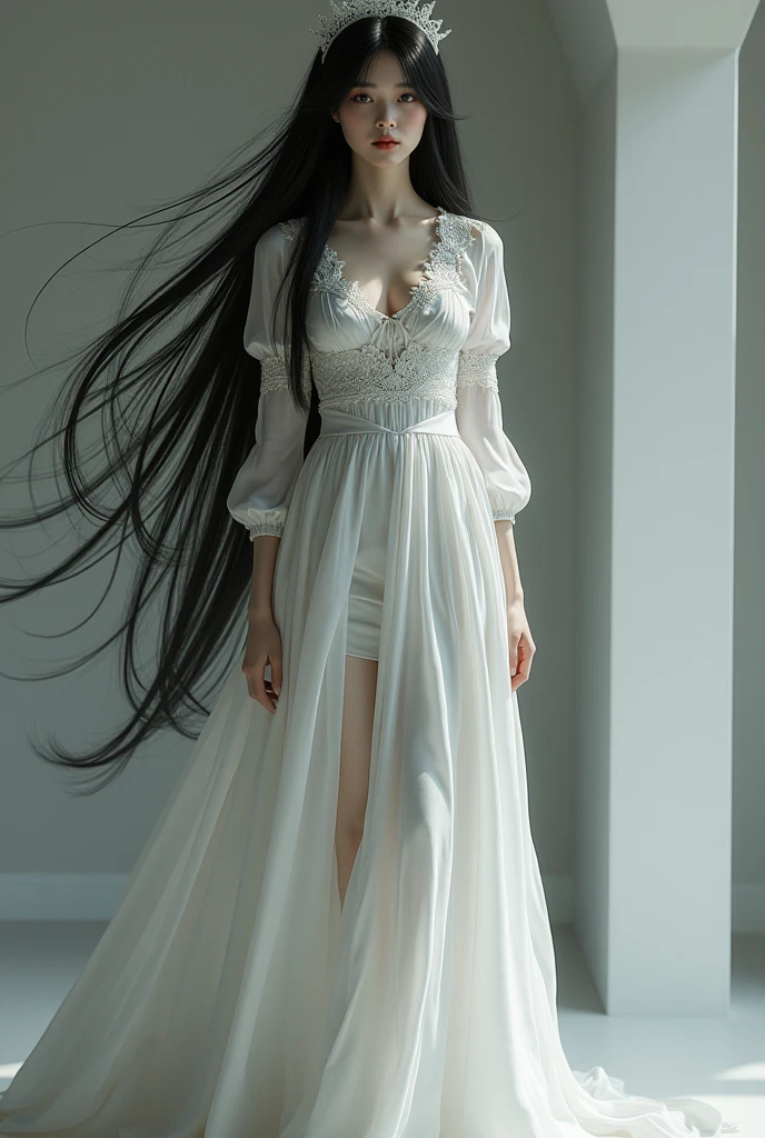 An Asian adult with white skin and black hair wearing a long maid outfit