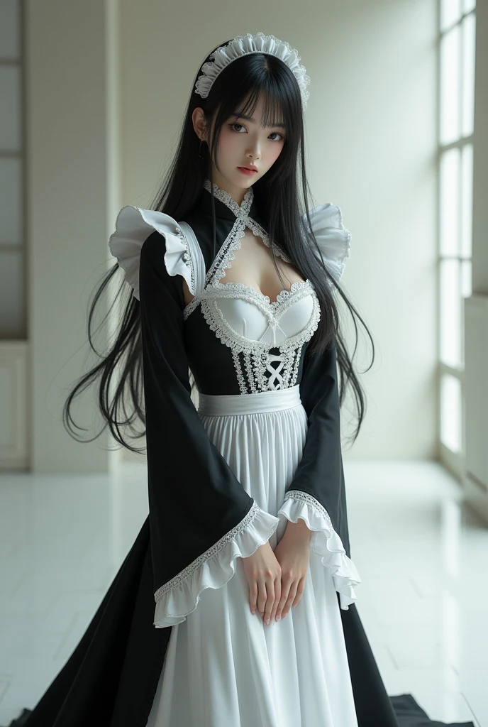An Asian adult with white skin and black hair wearing a long maid outfit