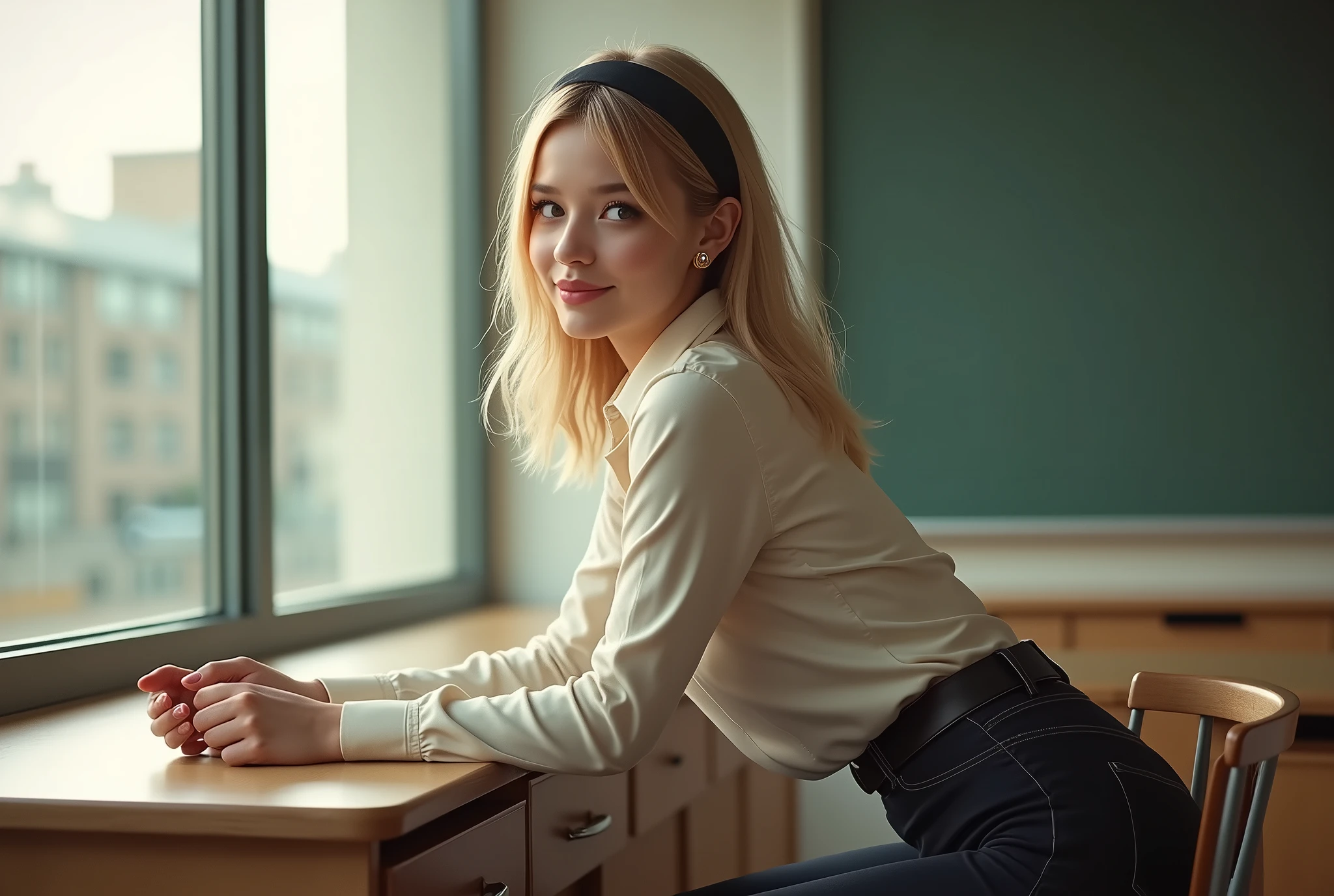 (girl, 25 years old, caucasian, bending over a desk while looking out window, smiling flirty, shoulder-length blonde hair, oily butt), Portrait, (zoom-out, side view), Masterpiece, high quality, high resolution, volumetric lighting, subsurface scattering, 8k, bright-lighting, Beautiful woman, college student, uniform, (long-sleeve), (perfect round butt), (big-breasts), headband, hoop earings, classroom, large windows, sexy pose, perfect eyes, perfect hands, perfect hair, masterpiece, anatomically correct, textured skin, high details, high quality, best quality, highres, 16k,