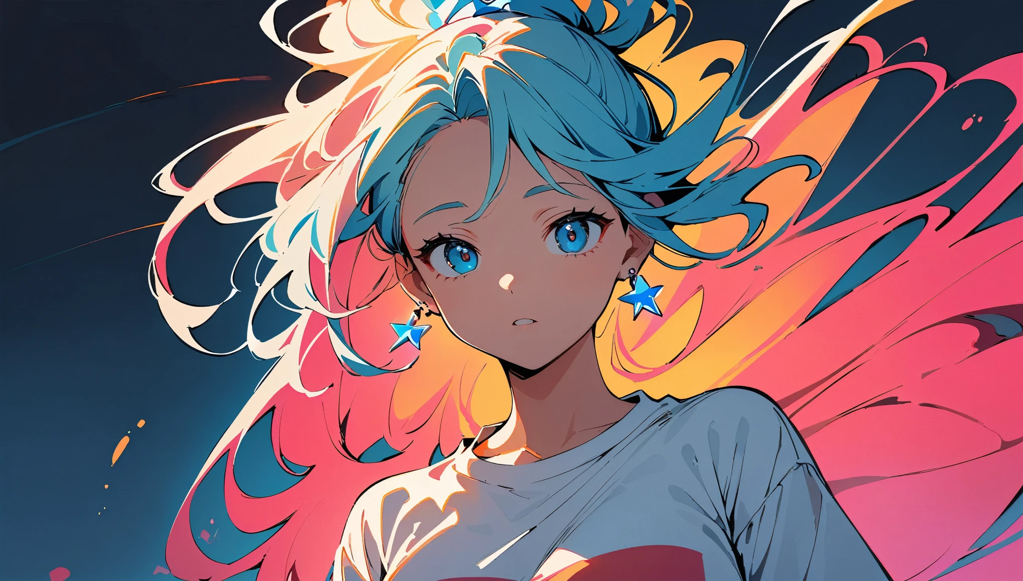 (high quality, 8k, 4K, High Contrast, masterpiece:1.2, 最high quality, Best aesthetics), ((16bit)), (Dynamic Angle), ((1 female teen)), ((Plain and bright background)), ((Flat Color)),(Plain white T-shirt on the upper body), (jeans), (Holding a sword), Looking at the audience, Upper Body, Transparent Background, Sleepy eyes, High Contrast, Contrasting colors, Cowboy Shot, Pale pink and blue lighting, Long Hair, ((Tied Hair)) , Light blue hair, Small star-shaped earrings in both ears, watch, bright eyeshadow, (Fighting), Cool look, Overlord Shokouken