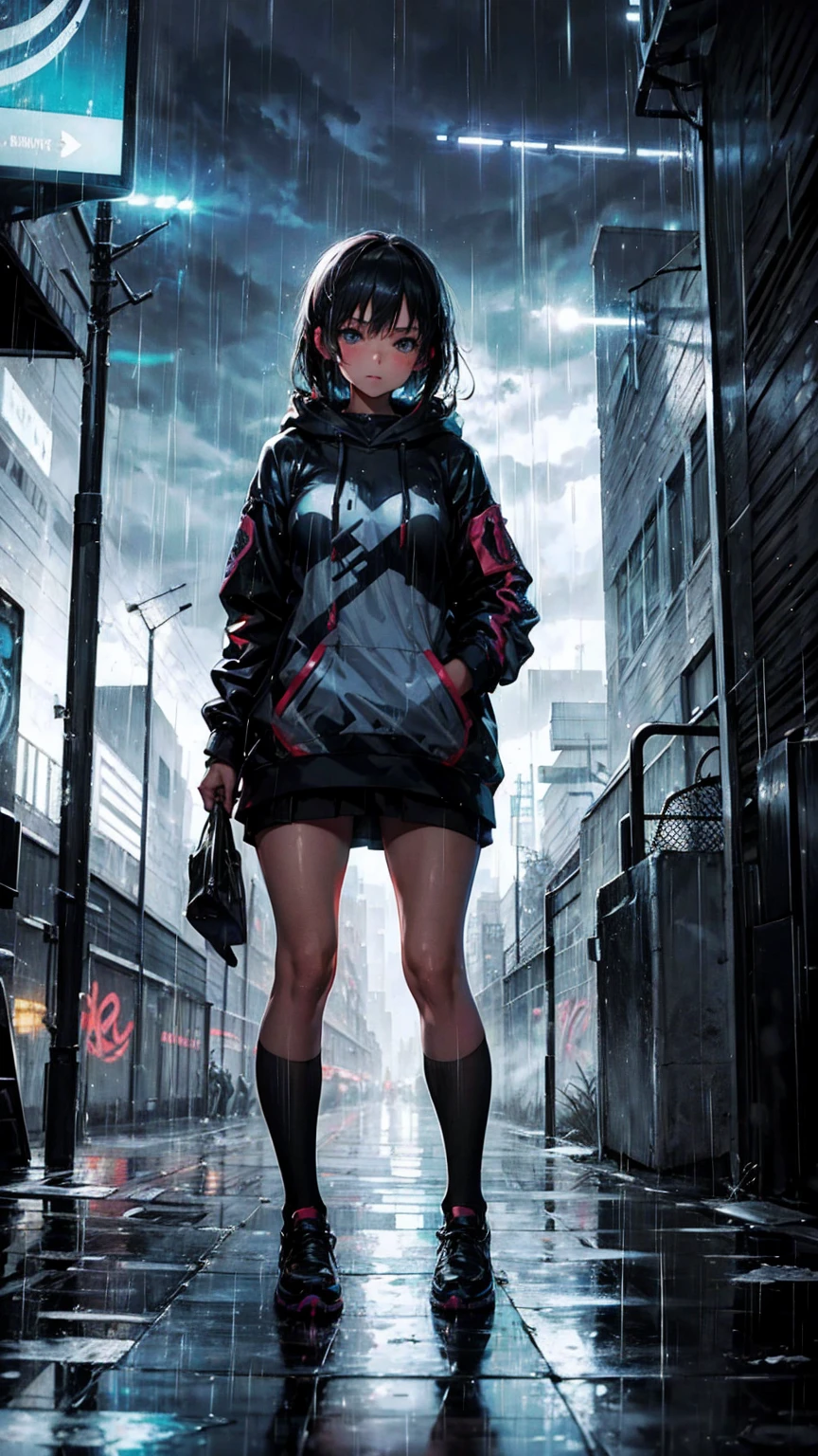 Graffiti art of a girl in the rain