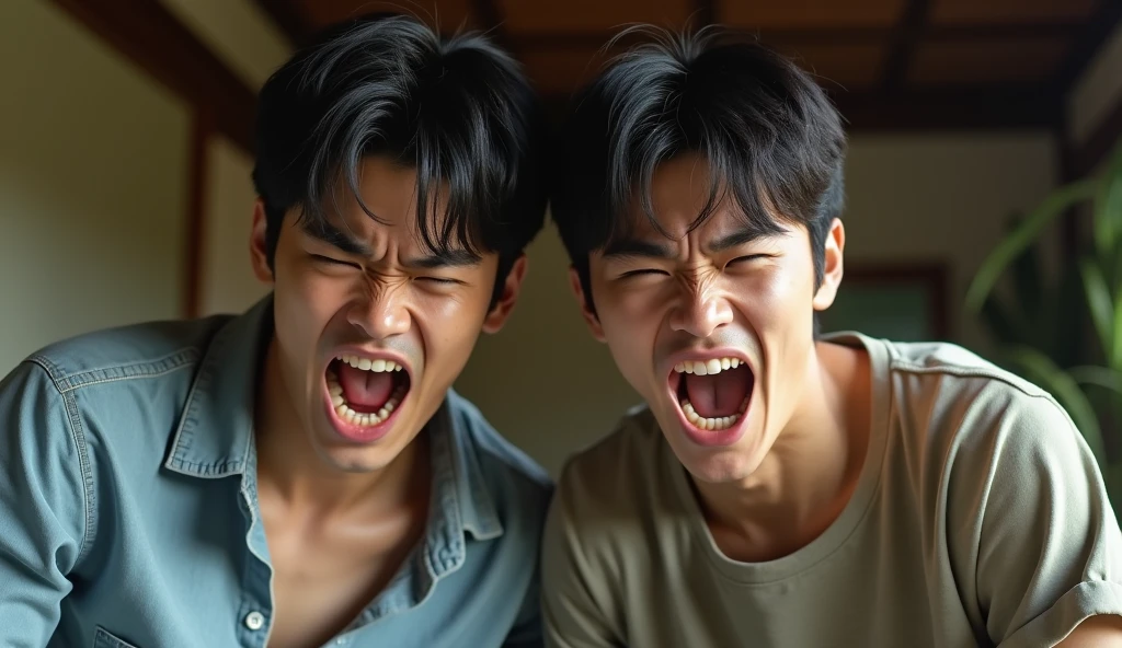 Two male Japanese college students wearing fashionable shirts are angry and have scary expressions,Excited, Photo of your face, In a Japanese-style room, with a natural look, With a slightly tired look, tilt your face a little, Diagonal orientation, Average face