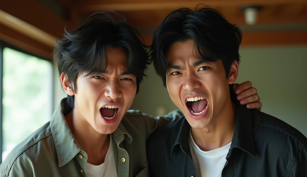Two male Japanese college students wearing fashionable shirts are angry and have scary expressions,Excited, Photo of your face, In a Japanese-style room, with a natural look, With a slightly tired look, tilt your face a little, Diagonal orientation, Average face
