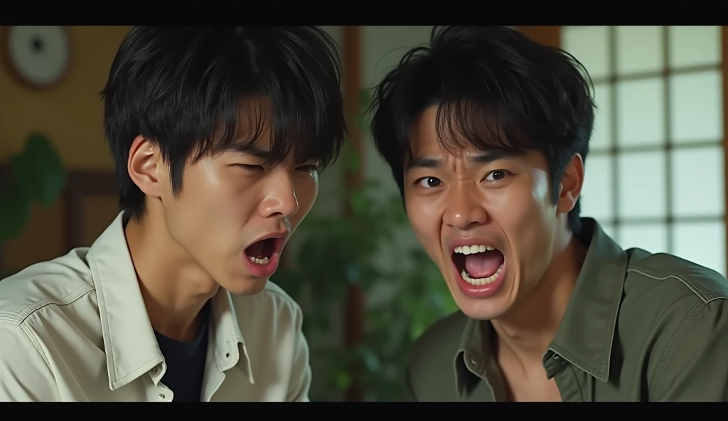 Two male Japanese college students wearing fashionable shirts are angry and have scary expressions,Excited, Photo of your face, In a Japanese-style room, with a natural look, With a slightly tired look, tilt your face a little, Diagonal orientation, Average face