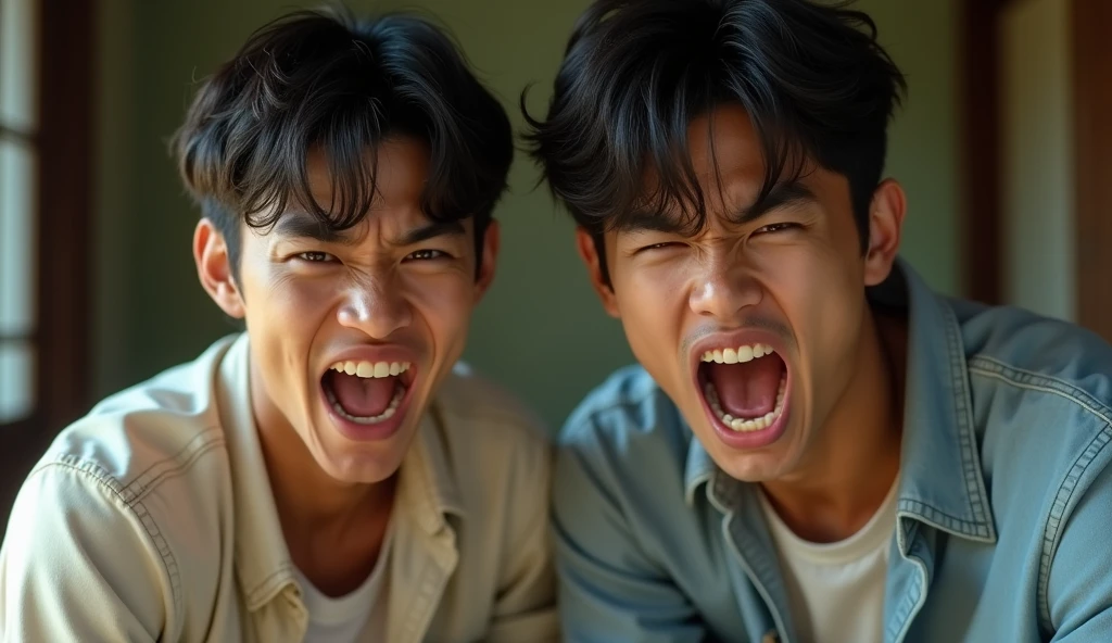Two male Japanese college students wearing fashionable shirts are angry and have scary expressions,Excited, Photo of your face, In a Japanese-style room, with a natural look, With a slightly tired look, tilt your face a little, Diagonal orientation, Average face