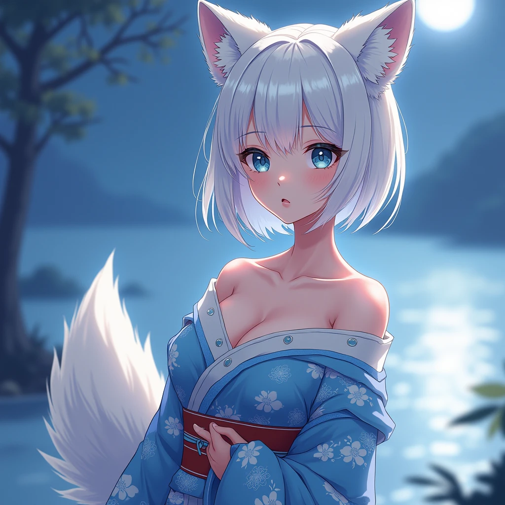 (masterpiece,best quality,ultra-detailed), an anime lady who is at 23 years old, gentle and kind, young yet mature, beautiful, caring, dearing, loving, forgiving, protective, motherly onee-chan. She has ice white side-swiped bangs, ocean blue oval eyes, arctic fox ears and tail, wearing beautiful off-shouder kimono, standing seductively, showing off her curves, smiling at viewer in a nurturing expression, in a summer night