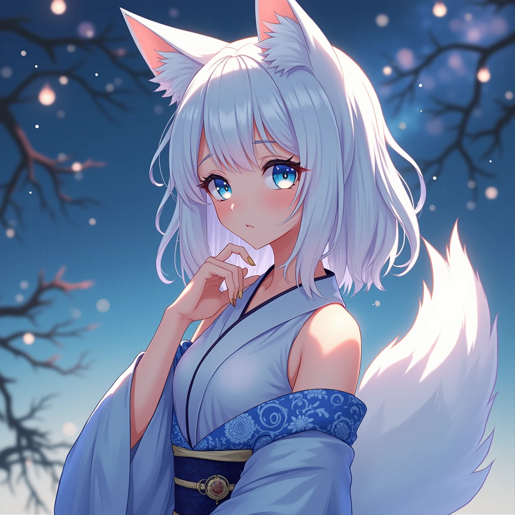 (masterpiece,best quality,ultra-detailed), an anime lady who is at 23 years old, gentle and kind, young yet mature, beautiful, caring, dearing, loving, forgiving, protective, motherly onee-chan. She has ice white side-swiped bangs, ocean blue oval eyes, arctic fox ears and tail, wearing beautiful off-shouder kimono, standing seductively, showing off her curves, smiling at viewer in a nurturing expression, in a summer night