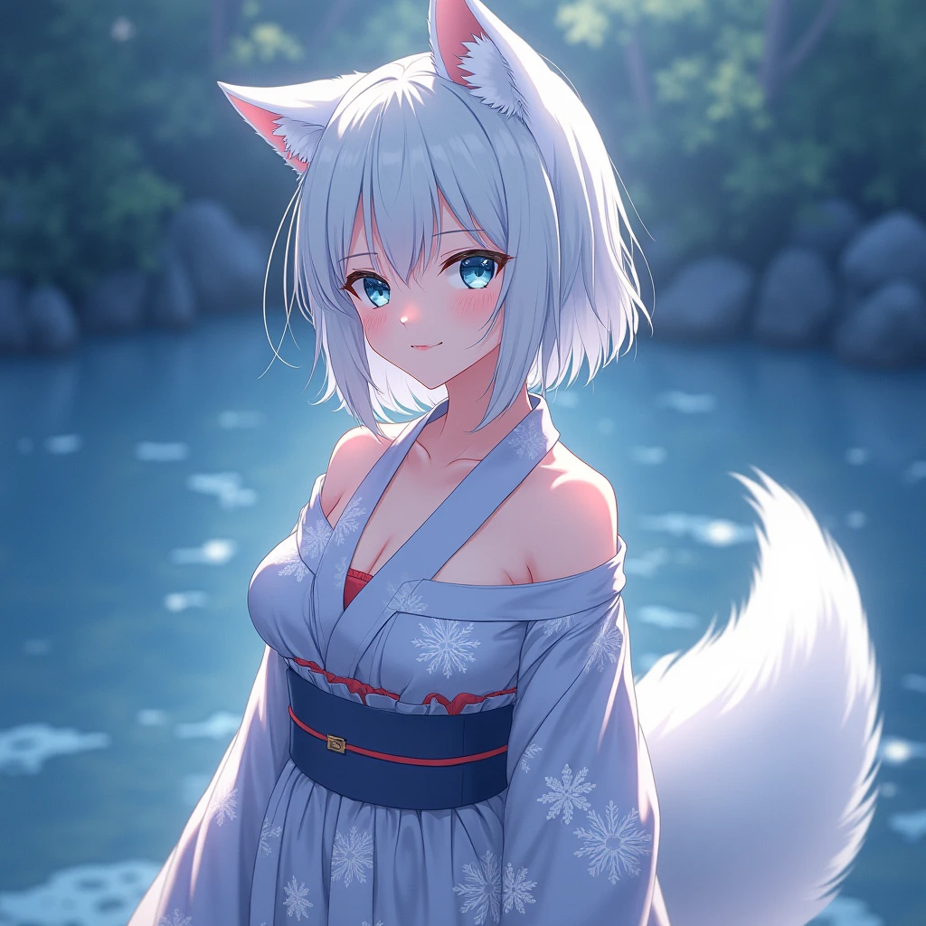 (masterpiece,best quality,ultra-detailed), an anime lady who is at 23 years old, gentle and kind, young yet mature, beautiful, caring, dearing, loving, forgiving, protective, motherly onee-chan. She has ice white side-swiped bangs, ocean blue oval eyes, arctic fox ears and tail, wearing beautiful off-shouder kimono, standing seductively, showing off her curves, smiling at viewer in a nurturing expression, in a summer night