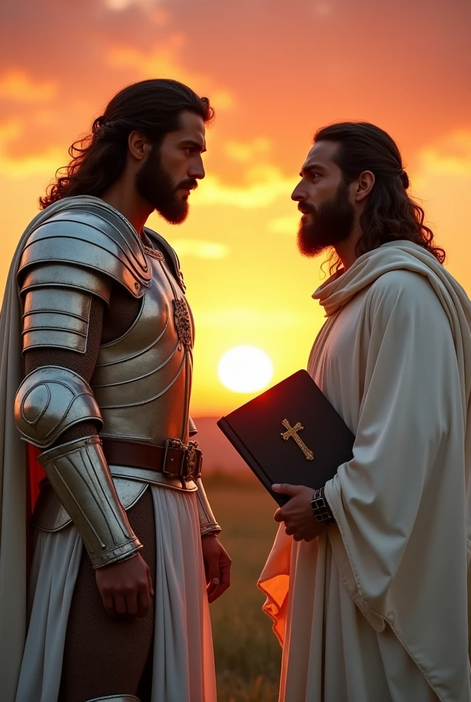 A man in white silver clothing with the emblem of a cross on his breastplate separated from a man in a shining white robe with Nazarene hair in front of a sunset with a bible in his hand