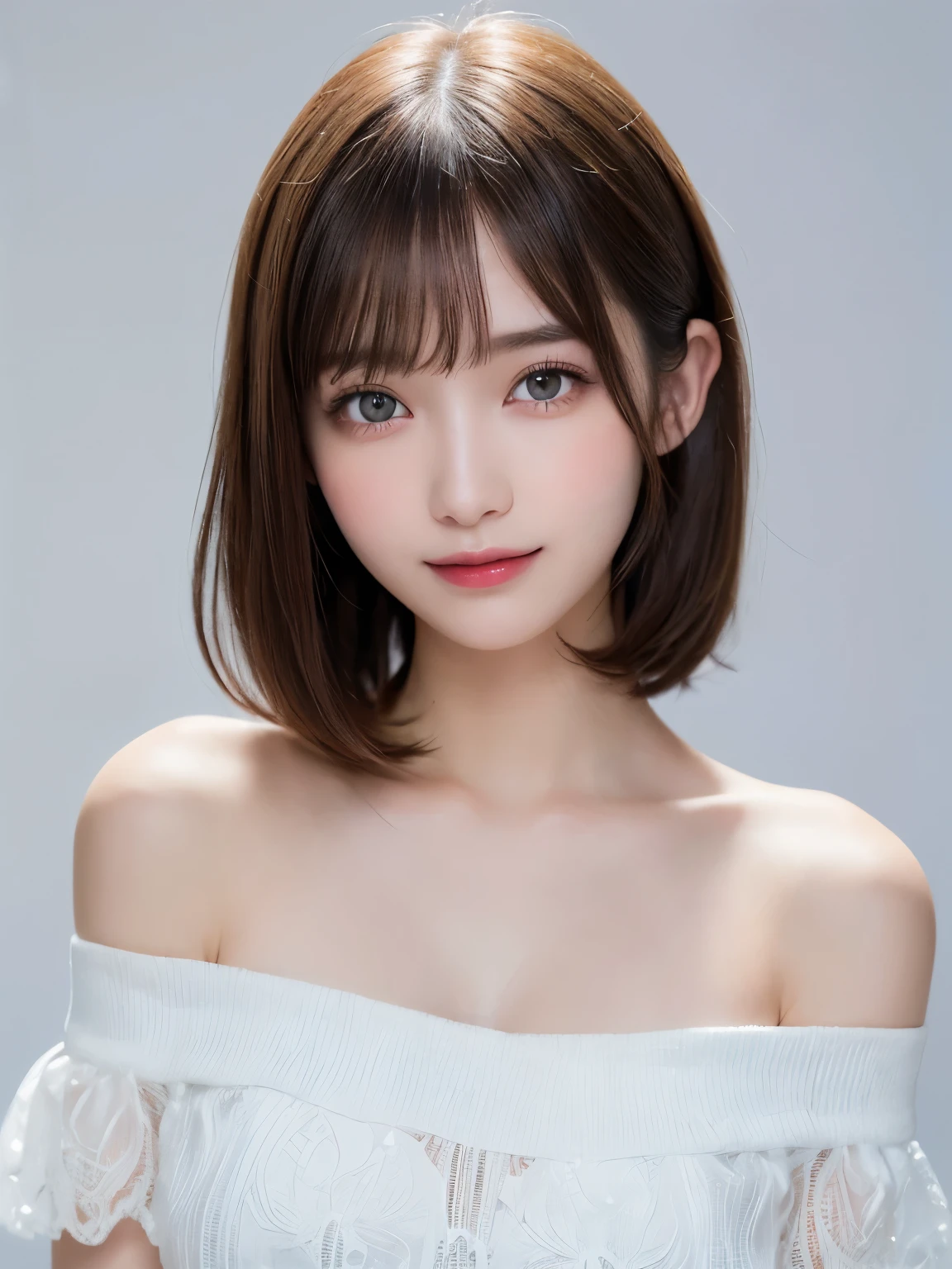 white background, full body portrait, looks very happy, smile, one girl, (a beauty girl, delicate girl:1.3), (20 years old:1.3),  (white off shoulder dress), very fine eyes, (symmetrical eyes:1.3), C cup breasts, brown eyes, parted bangs, short hair, (eyes and faces with detailed:1.0),  (masterpiece, best quality, ultra detailed, detailed face, 8k)