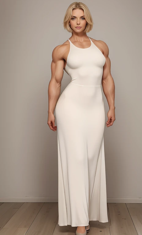 my beautiful 25 yo wife, she is the most beautiful and awesome woman in the world, her body is trained to the point of absolute perfection, short blonde hair, strong well defined muscle, lean powerful bodybuilder physique, awesome body of perfection, great muscle definition, graceful and lite but powerful and muscular physique, extremely veiny vascular muscular body, massive and large muscles, wearing very beautiful and elegant dress, long dress with deep decolette, muscular flat chest, light graceful pose, immense muscles
