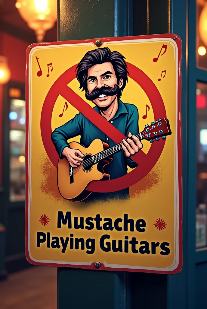 Rude but funny sign that says mustaches playing guitar are not allowed