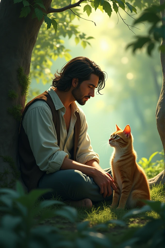 A handsome man with long hair sits and talks with a cat in the forest.