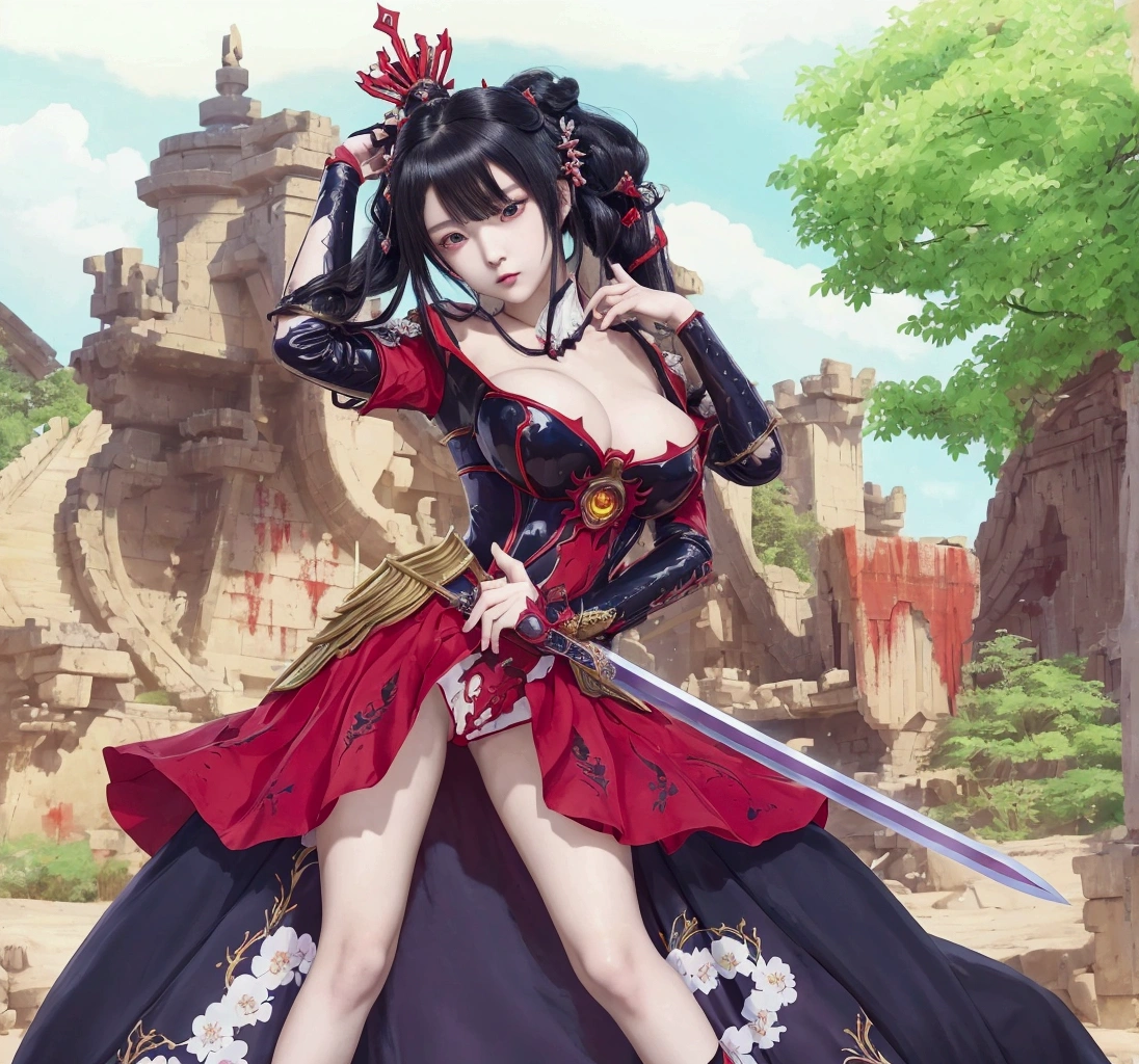 Anime girl in red and black dress with sword, Kuchart Krenz Key Art Feminine, Ayaka Genshin&#39;s effects, blood will flow, elegant pose, high detailed official artwork, Important Anime Art Details, ((Beautiful Fantasy Empress)), separated from the overlord, Hestia, Rei Hino as Princess, big breasts, Realistic, girl