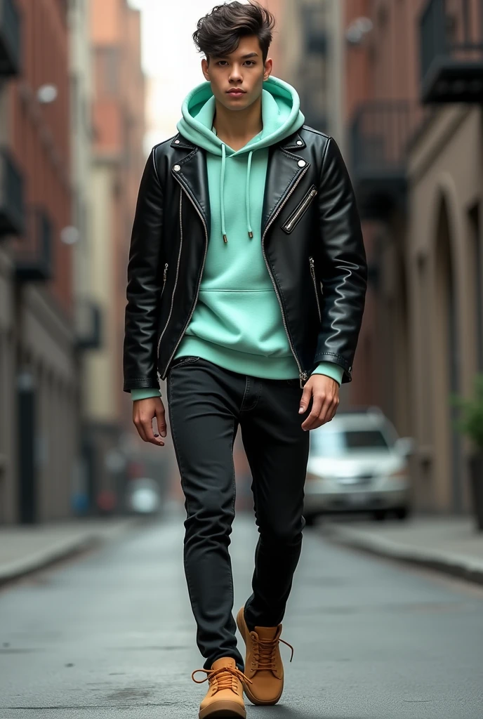 Black leather jacket, underneath a mint-colored hooded sweatshirt, black jeans and camel-colored shoes