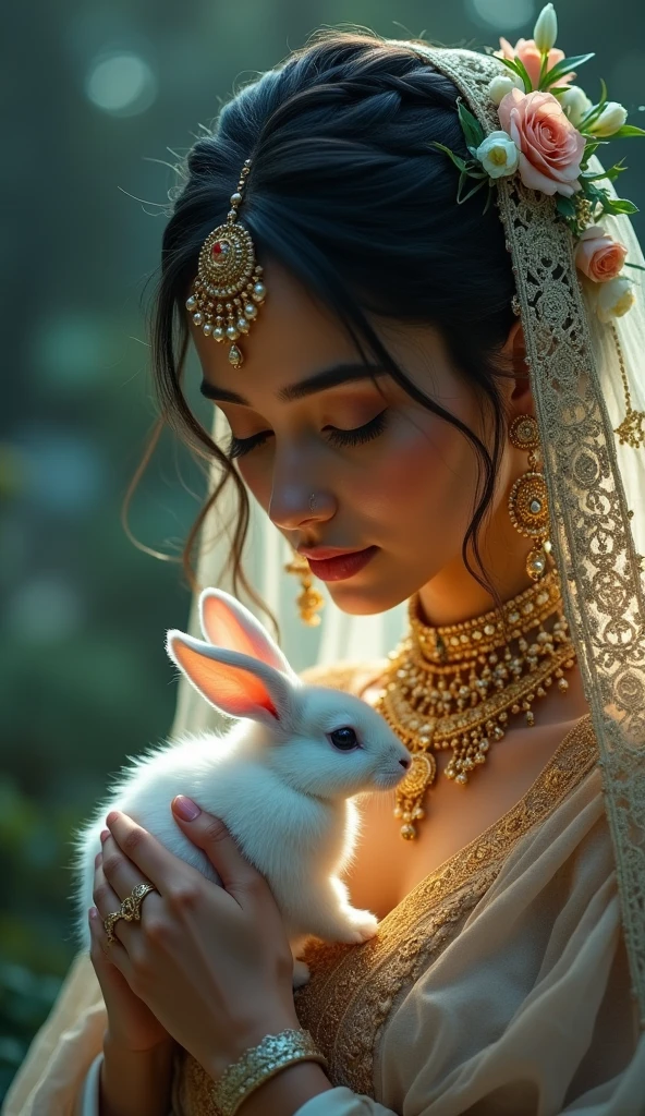 Subject: A beautifully adorned woman
with an ethereal and serene expression,
wearing intricate traditional jewelry and
a richly embroidered veil. Her dark hair
is styled in a long, braided plait adorned
with delicate flowers, and she is gently
holding a small, white rabbit close to her
face.
Setting: A mystical, softly-lit background
that evokes a sense of tranquility and
dreaminess, with muted, dark green and
blue tones. Soft, diffused lighting
highlights the intricate details of her
jewelry and the textures of the fabrics,
creating a glowing aura around her.
Details: The woman's face is adorned
with ornate jewelry, including a
prominent maang tikka, nose ring, and
elaborate earrings. The veil she wears is
delicately embroidered, and the flowers
in her hair add a natural, gentle touch to
her regal appearance. The rabbit is
nestled gently in her hands, looking
serene and calm.
Lighting: Soft, warm lighting focused on
the woman's face and the rabbit,
creating a halo effect, with subtle
shadows adding depth to the image.
The light enhances the sparkle of the
jewels and the softness of her skin,
giving the entir L ene a magical,
almost otherworldly quality.