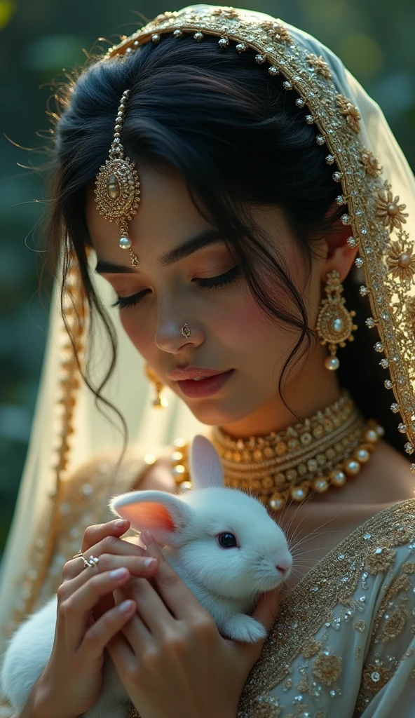 Subject: A beautifully adorned woman
with an ethereal and serene expression,
wearing intricate traditional jewelry and
a richly embroidered veil. Her dark hair
is styled in a long, braided plait adorned
with delicate flowers, and she is gently
holding a small, white rabbit close to her
face.
Setting: A mystical, softly-lit background
that evokes a sense of tranquility and
dreaminess, with muted, dark green and
blue tones. Soft, diffused lighting
highlights the intricate details of her
jewelry and the textures of the fabrics,
creating a glowing aura around her.
Details: The woman's face is adorned
with ornate jewelry, including a
prominent maang tikka, nose ring, and
elaborate earrings. The veil she wears is
delicately embroidered, and the flowers
in her hair add a natural, gentle touch to
her regal appearance. The rabbit is
nestled gently in her hands, looking
serene and calm.
Lighting: Soft, warm lighting focused on
the woman's face and the rabbit,
creating a halo effect, with subtle
shadows adding depth to the image.
The light enhances the sparkle of the
jewels and the softness of her skin,
giving the entir L ene a magical,
almost otherworldly quality.