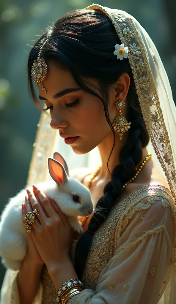 Subject: A beautifully adorned woman
with an ethereal and serene expression,
wearing intricate traditional jewelry and
a richly embroidered veil. Her dark hair
is styled in a long, braided plait adorned
with delicate flowers, and she is gently
holding a small, white rabbit close to her
face.
Setting: A mystical, softly-lit background
that evokes a sense of tranquility and
dreaminess, with muted, dark green and
blue tones. Soft, diffused lighting
highlights the intricate details of her
jewelry and the textures of the fabrics,
creating a glowing aura around her.
Details: The woman's face is adorned
with ornate jewelry, including a
prominent maang tikka, nose ring, and
elaborate earrings. The veil she wears is
delicately embroidered, and the flowers
in her hair add a natural, gentle touch to
her regal appearance. The rabbit is
nestled gently in her hands, looking
serene and calm.
Lighting: Soft, warm lighting focused on
the woman's face and the rabbit,
creating a halo effect, with subtle
shadows adding depth to the image.
The light enhances the sparkle of the
jewels and the softness of her skin,
giving the entir L ene a magical,
almost otherworldly quality.