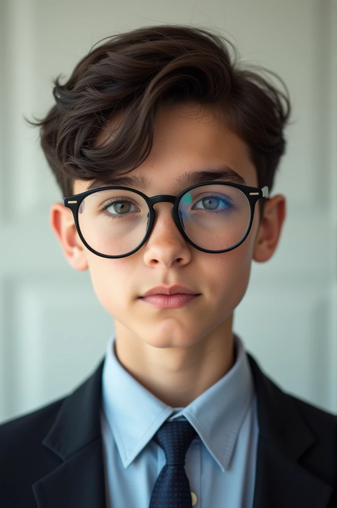 I need  a younge boy looking sharp and smart wearing glasses 