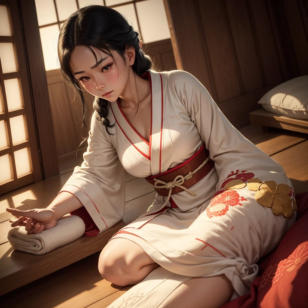 In a traditional Japanese room with wooden shoji screens and paper doors, a samurai warrior lies on a futon, covered in bandages that reveal the intensity of the battle she fought. Her black hair falls loose on the pillow, and her face shows signs of exhaustion, yet still radiates stunning beauty. Beside her, a delicate young woman with snow-white hair and dressed in a white kimono with intricate phoenix embroidery, tends to her with devotion. Her soft and gentle hands change the bandages, while her face shows deep concern and love. The soft, warm light of the room highlights the connection between them, in a scene of tenderness and love amidst battle and pain.