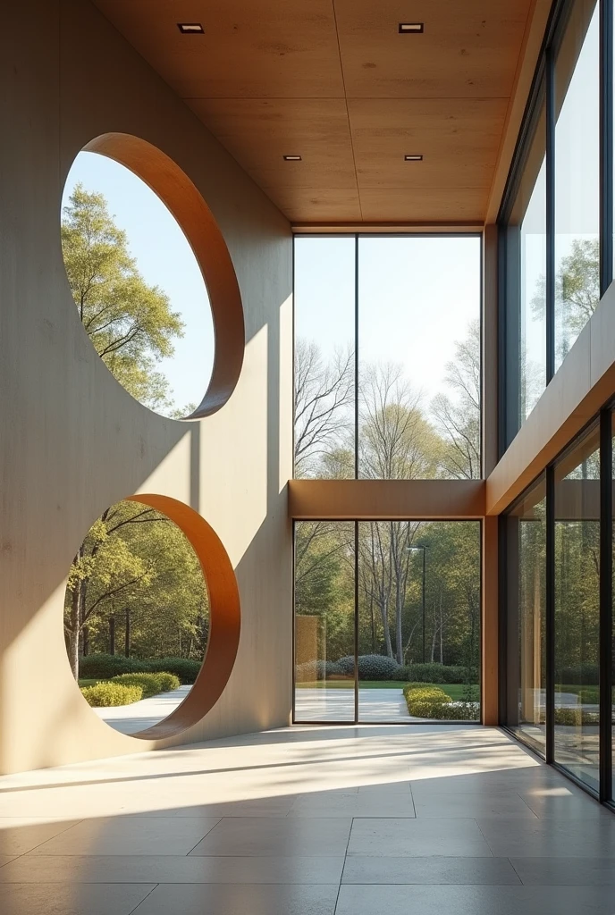double-height interior space with a left wall with a circular opening that overlooks the patio, another horizontal window that joins the back wall in the corner, the third right wall has huge windows with large separations