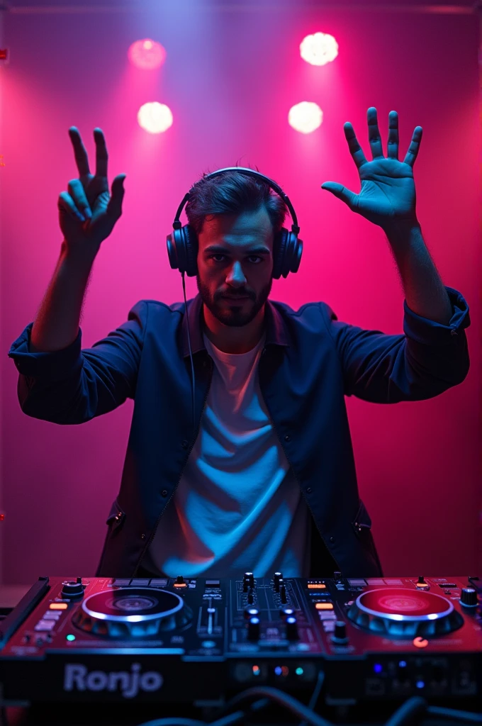 Älterer DJ, Headphones, Mann, Techno, comic style, hands in the air, Club,