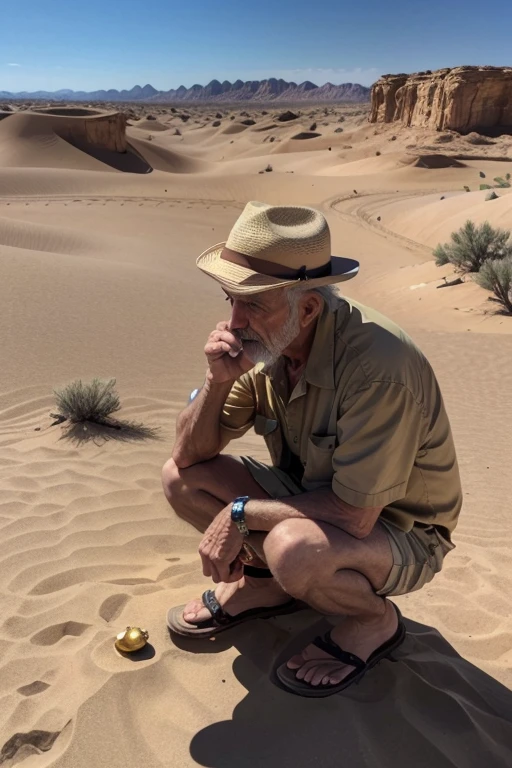 old man in the desert looking thoughtfully at the gold nugget
