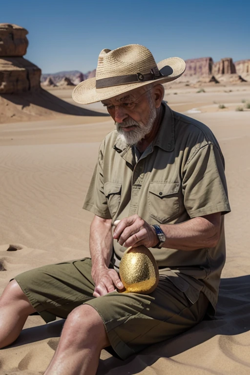 old man in the desert looking thoughtfully at the gold nugget
