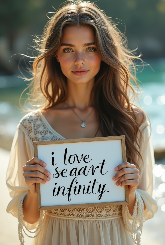 Beautiful girl with wavy long hair, bohemian dress, holding a white board with text "I Love Seaart Infinity" and showing it to the viewer