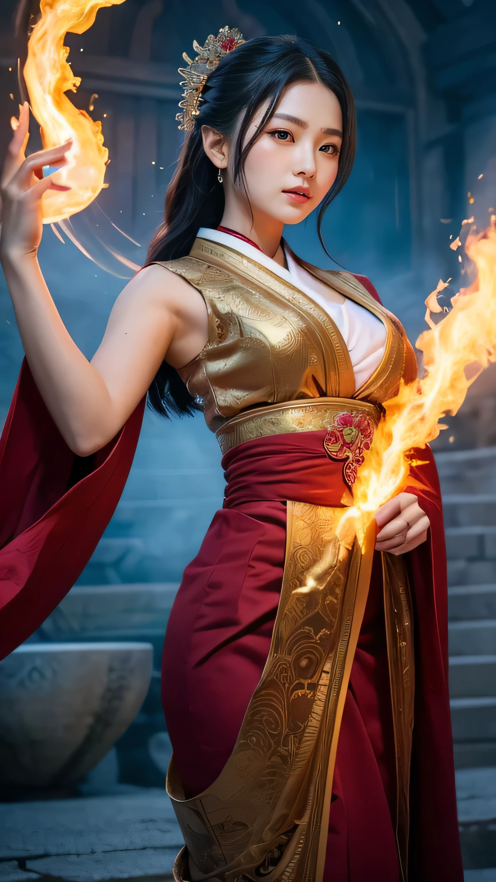 **Prompt:** Create an ultra-realistic 8K resolution image of Fudo Myoo, the powerful deity from Buddhist mythology, reimagined as the ultimate beautiful girl while retaining the deity's iconic features. The female Fudo Myoo has smooth, radiant blue skin that glows with an ethereal light, exuding both power and beauty. Her face is a perfect blend of fierce determination and gentle grace, with large, captivating eyes that burn with a soft, golden light. Her expression is strong yet serene, with a subtle hint of sharp fangs that adds a touch of divine intensity.
Her long, flowing hair is a deep black with fiery red highlights, cascading down her back like waves of flame. She is dressed in an elegant yet powerful robe, intricately designed with rich red and gold patterns that blend traditional Japanese elements with modern beauty. The robe accentuates her graceful figure while conveying her divine strength.
In her right hand, she holds a beautifully crafted sword, glowing with sacred energy, while her left hand is elegantly poised in a protective gesture. A radiant halo of fire encircles her head, adding to her otherworldly allure. The background features a mystical setting, perhaps a temple garden or a sacred space filled with soft light and ancient symbols, creating an atmosphere that captures both the divine power and the stunning beauty of Fudo Myoo reimagined as an ultimate beautiful girl.